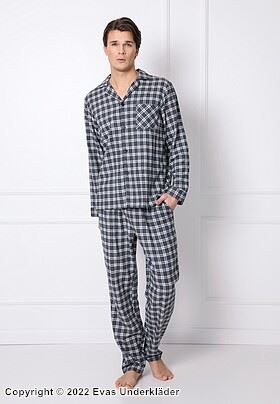 Herrepyjamas og buksepyjamas, lange ermer, lomme, rutete mønster